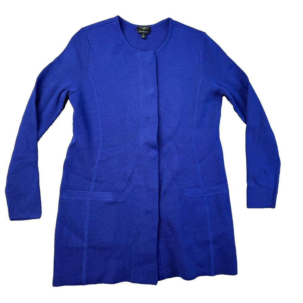 Talbots Sweater Women's P Petite Blue Long Sleeve Merino Wool Concealed Placket